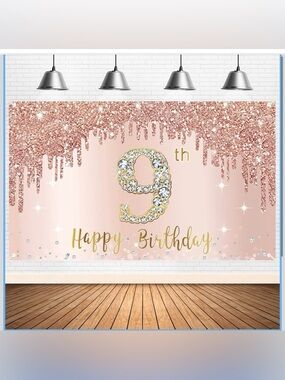 9th Birthday Rose Gold Glitter Backdrop Banner Party Decor 73x43